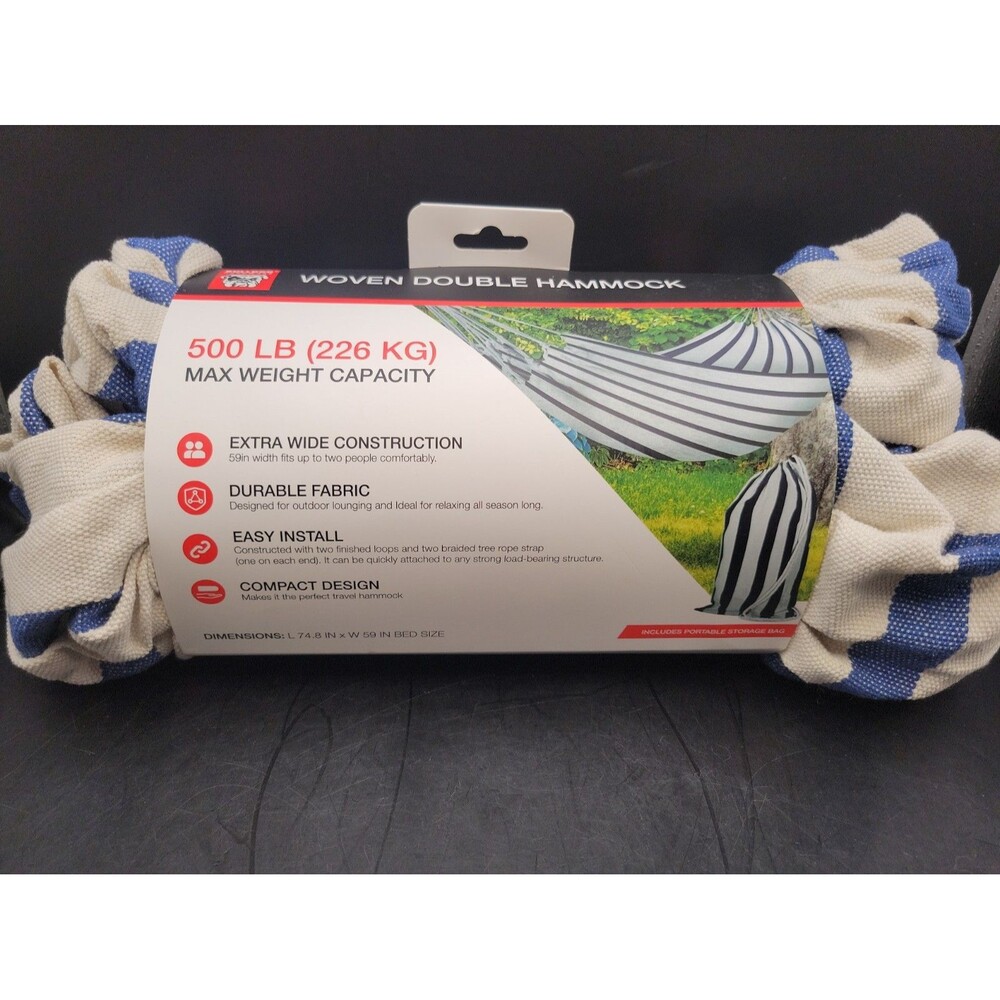 Bulldog Woven Double Hammock With Storage Bag 500 lb Capacity 74inLX59inWide-NEW